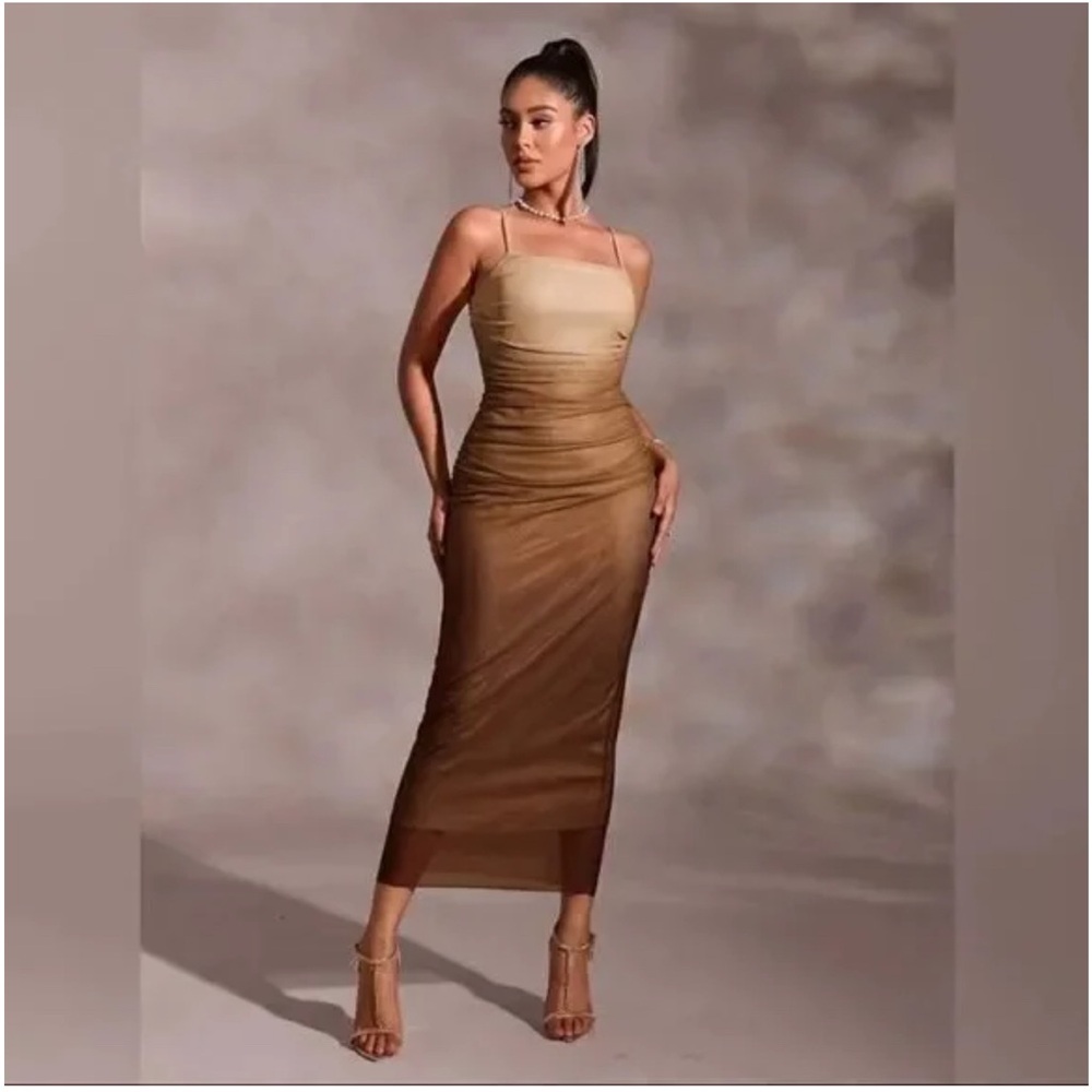 NWT Commense Cappuccino Brown Ruched Slip Dress Cowl Neck Y2K Minimal Glam Small - Picture 4 of 4